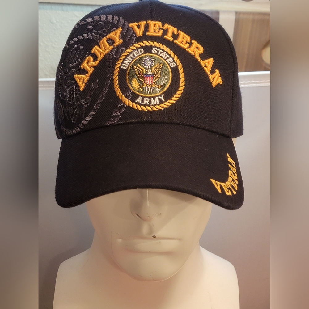 United States Army Veteran Adjustable Velcro Strap Hat Black/Gold/Gray OSFA